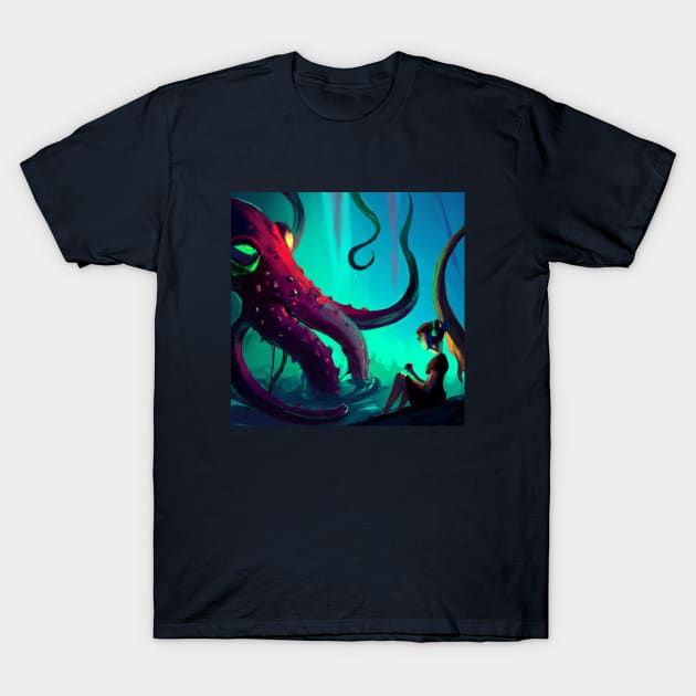 Girl Relaxes to Some Music in the Kraken's Lair T-Shirt by Star Scrunch